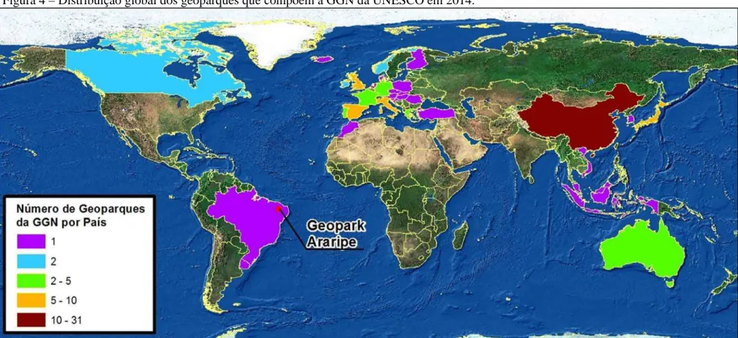Figura 4 – Distribuição global dos geoparques que compõem a GGN da UNESCO em 2014. 