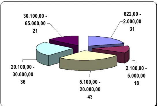 Gráfico 8 - Apresentaçao de resultados: Dados Sociodemográficos - Renda Familiar  20.100,00 -  30.000,00 36 30.100,00 - 65.000,0021 5.100,00 -  20.000,00 43 2.100,00 - 5.000,0018622,00 - 2.000,0031