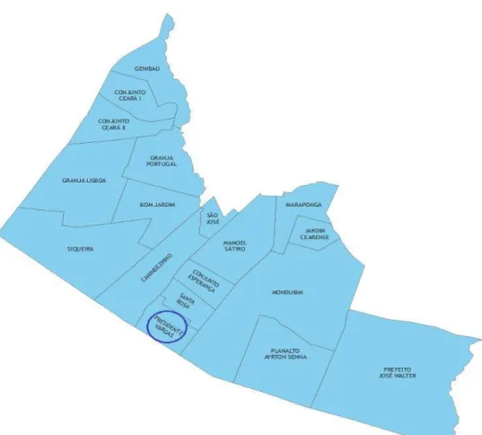 Figura 1- Mapa da Secretaria Executiva Regional V com divisão dos 18 bairros oficiais.