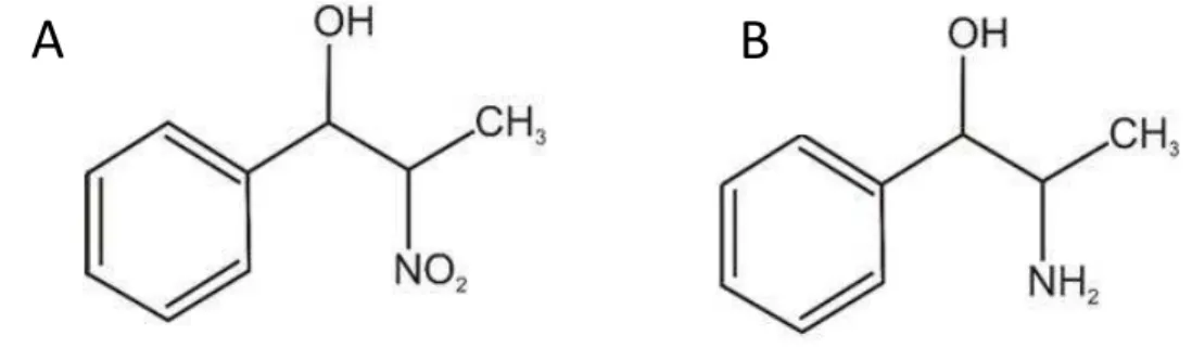 Figura 1 - Estrutura química do 2-nitro-1-fenil-1-propanol (A) e norefedrina (B). 