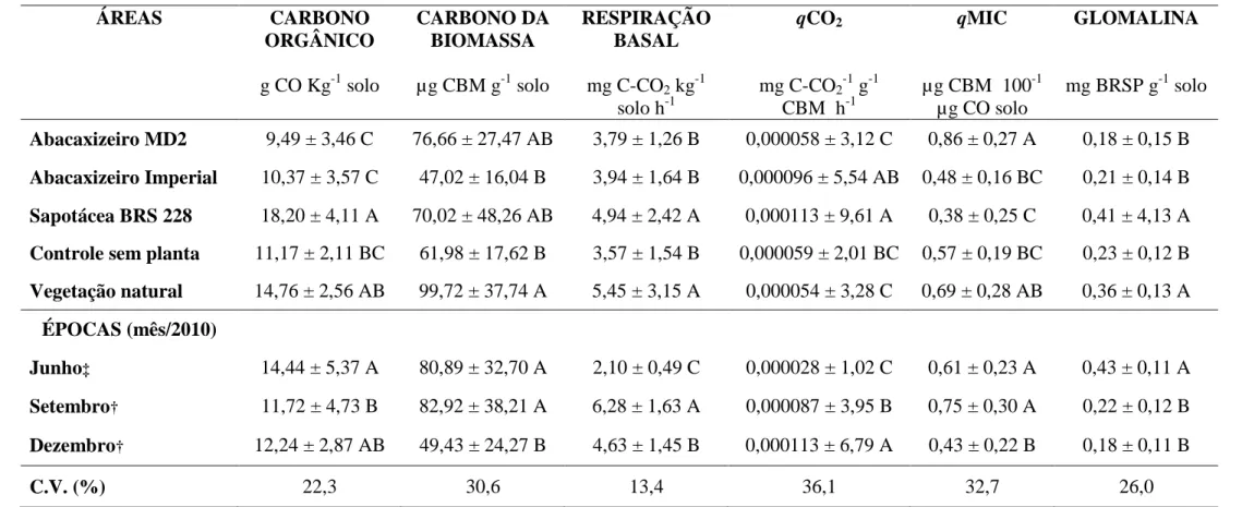 Tabela  8.  Teores  médios  de  carbono  orgânico  (CO),  carbono  da  biomassa  microbiana  (CBM),  respiração  basal  (RB),  quocientes  metabólico  (qCO 2 )  e  microbiano (qMIC) e glomalina do solo (BRSP) com os respectivos erros-padrão observados na r