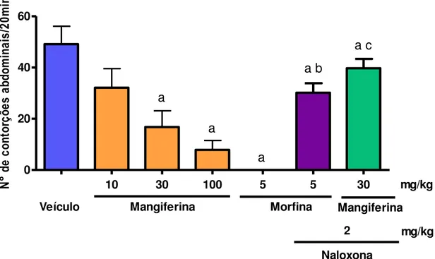 Gráfico 1  –  Efeito da mangiferina no teste de contorções abdominais induzidas  por ácido acético 0,6% em camundongos