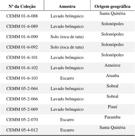 Tabela 1 – Tipo de amostra, origem, identificação e localização geográfica  dos isolados clínicos e ambientais de  C
