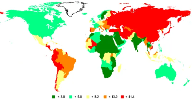Figura 1 - Taxa de incidência mundial de câncer gástrico a cada 100.000 pessoas. Fonte: GLOBOCAN  - Cancer Incidence and Mortality Worldwide (FERLAY et al., 2008)