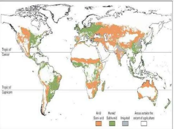 Figura  1  –   Áreas  semiáridas,  subúmidas,  irrigadas  e  fora  da  extensão  da  agricultura