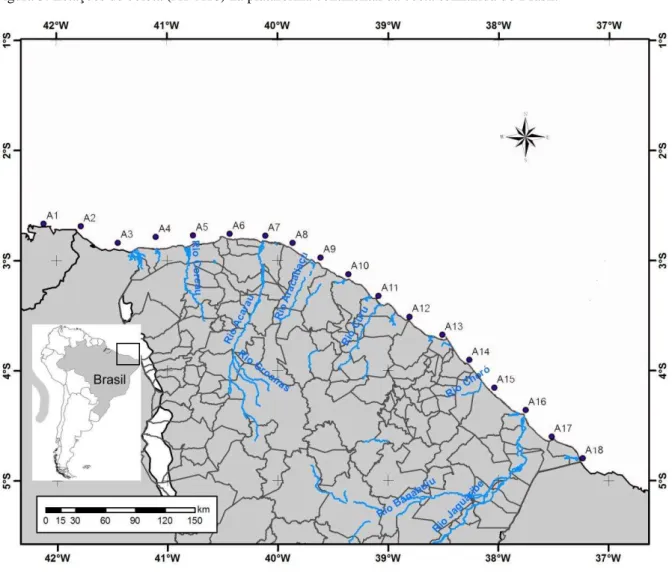 Figura 3: Estações de coleta (A1-A18) na plataforma continental da costa semiárida do Brasil.