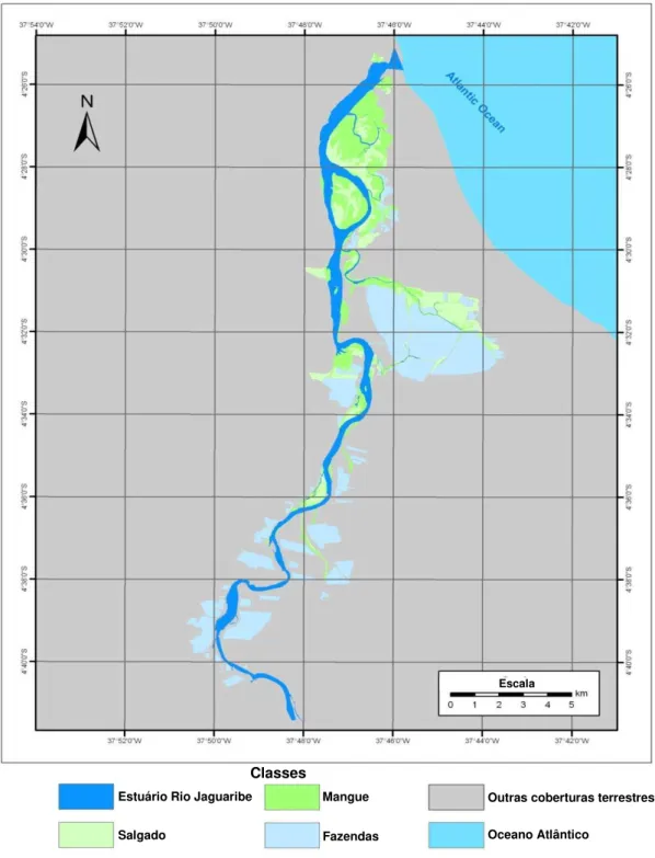 Figura  1.2  –  Mapa  temático  da  distribuição  na  zona  costeira  do  Estuário  do  Rio  Jaguaribe,  municípios  de  Aracati, Fortim e Itaiçaba