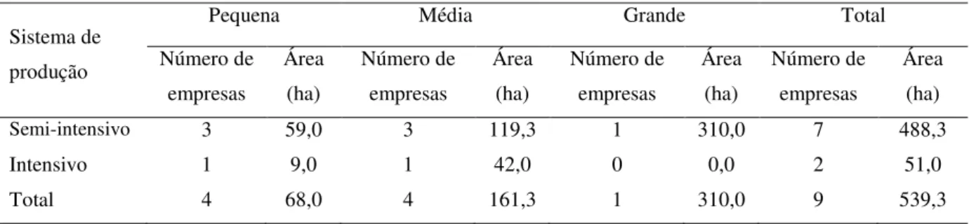 Tabela 2.1 – Características das fazendas de camarão em relação ao tamanho da área de produção (em hectares)
