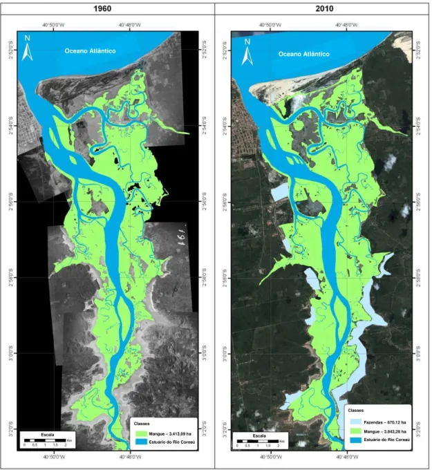 Figura  2.3  –  Mapas  temáticos  e  áreas  estimativas  de  distribuição  na  zona  costeira  do  estuário  do  Rio  Coreaú