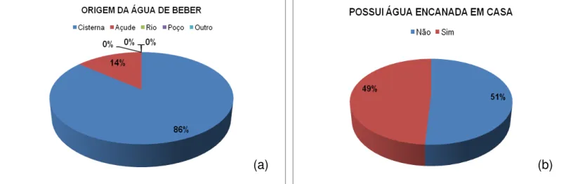 Figura 4.1  –  Percentual dos entrevistados para a origem da água de beber (a) e percentual dos entrevistados para  água encanada (b)