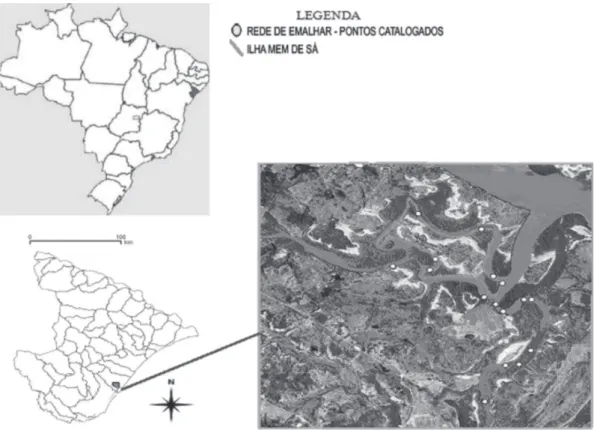Figura 1 – Área de pesca e desembarque da tainha Mugil curema capturada pelos pescadores do Povoado da Ilha  de Mem de Sá, no estuário do Rio Vaza Barris, Sergipe, Brasil (fonte: Santos et al., 2009).