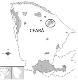 Figura 1:  Em  destaque  as  florestas úmidas serranas  do estado do Ceará.  Fonte: 