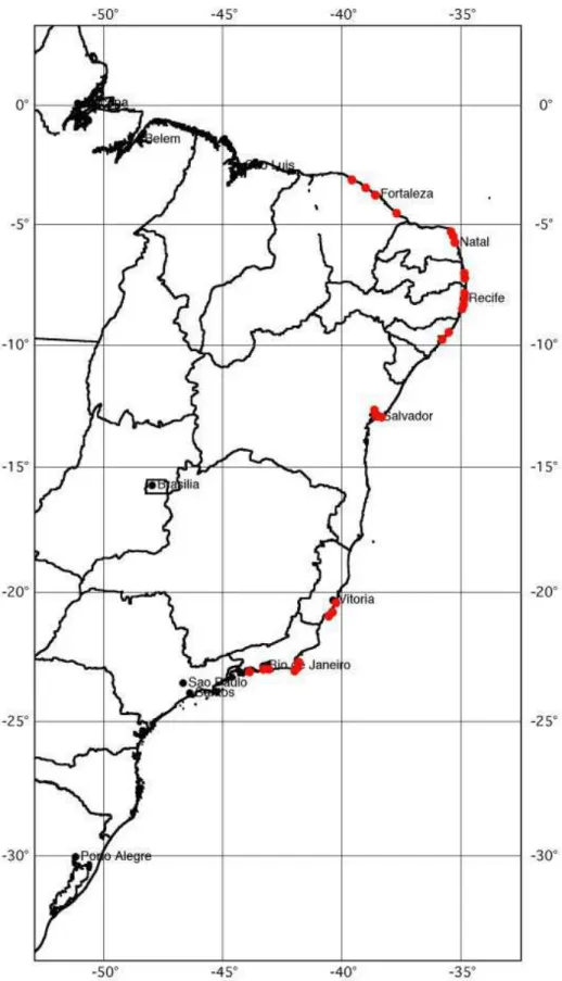Figura 1 - Mapa da região de estudo. Pontos vermelhos indicam locais de coleta