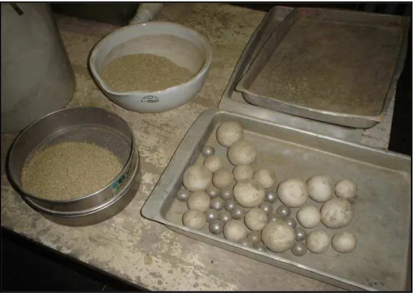 Figura 3.10 – Peneira, esferas de cerâmica e aço utilizados na produção da farinha de  caranguejo.