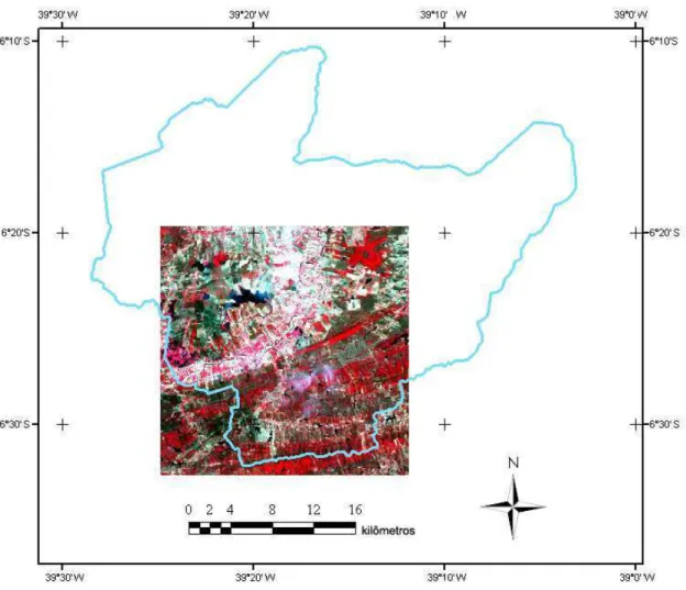 Figura  12  –  Município  de  Iguatu  e  área  de  estudo  representada  pela  imagem  do  satélite  LANDSAT-5  de  20/08/08