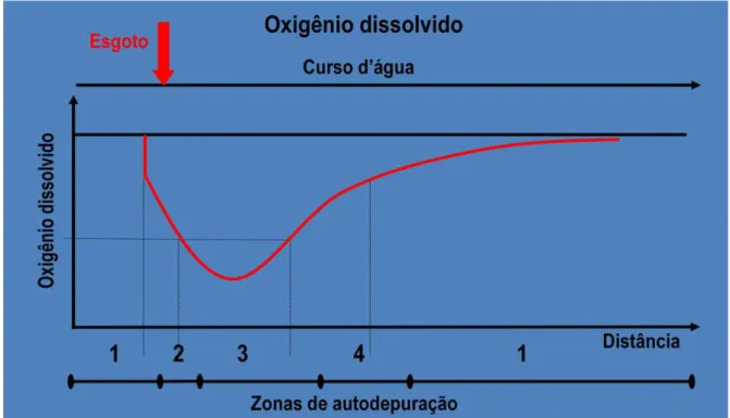 Figura  2.7  -  Perfil  esquemático  do  Oxigênio  Dissolvido  e  a  delimitação  das  zonas  de    autodepuração