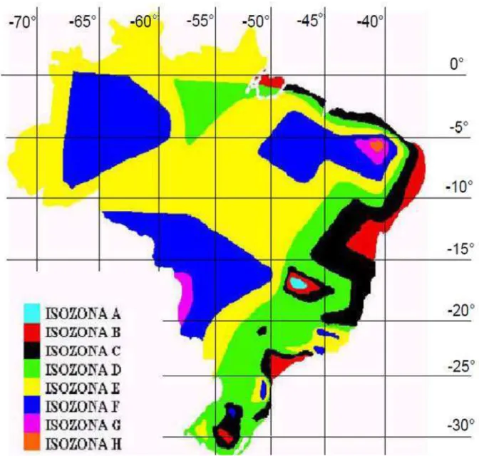 Figura 2 - Mapa do Brasil com as isozonas indicadas por Torrico. Fonte: Modificado de SIMÕES (2000) apud  CARNEIRO et al