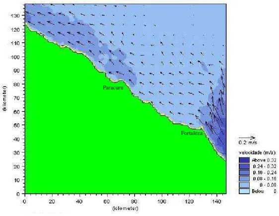 Figura 26-Hidrodinâmica costeira do litoral de Caucaia na imagem LANDSAT 7 ETM+. 