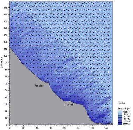 Figura 28 - Campo de onda simulado para a situação atual, para condições médias de marés  baixas