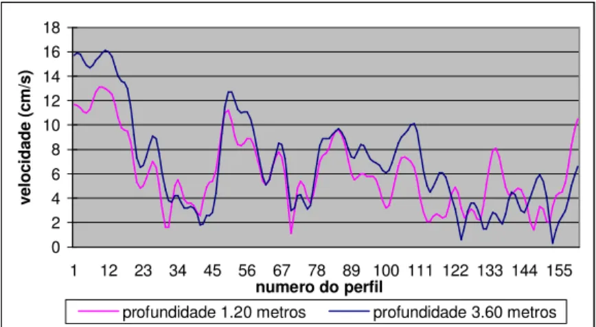 Figura 38 - Velocidade da corrente (cm/s) no perfil 18-19, no canal de acesso ao porto do Mucuripe