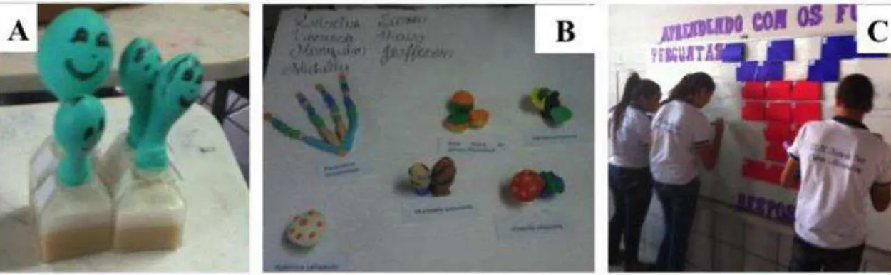 Figura 08 - Atividades desenvolvidas durante o momento pedagógico  –  Aplicação do  Conhecimento:  A)  Nutrição  dos  fungos;  B)  Criação  de  modelos  didáticos;  C)  Jogo  didático - Aprendendo com os Fungos