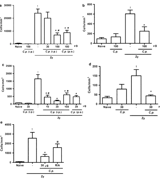 Fig. 1 Effect of the parenteral and oral administration of the C. posadasii (C.p.) extract on the cell influx in acute and chronic zymosan-induced arthritis (ZYA) in rats and mice