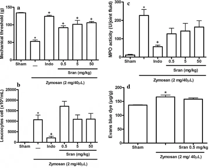 Fig. 2. Effects of strontium ranelate on the zymosan-induced TMJ inﬂammatory hypernociception