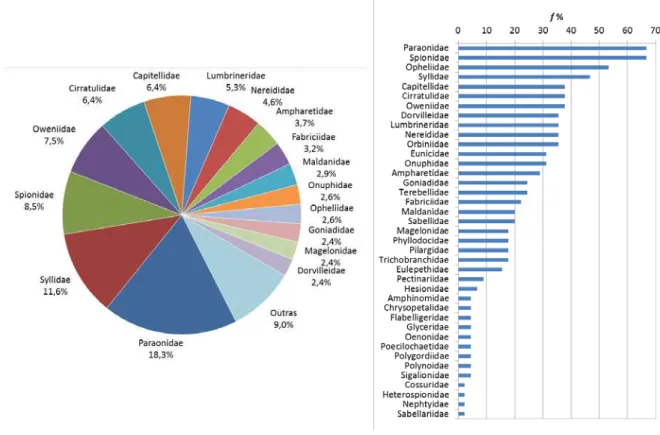 Figura 2.9 – Gráficos de abundância relativa (esquerda) e frequência relativa (direita) das  famílias de poliquetas encontradas na área de estudo, em julho de 2010