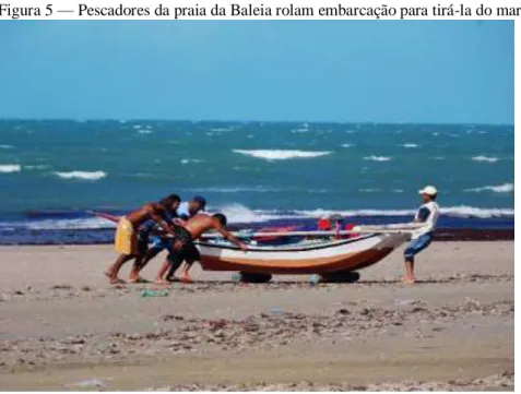 Figura 5  —  Pescadores da praia da Baleia rolam embarcação para tirá-la do mar. 