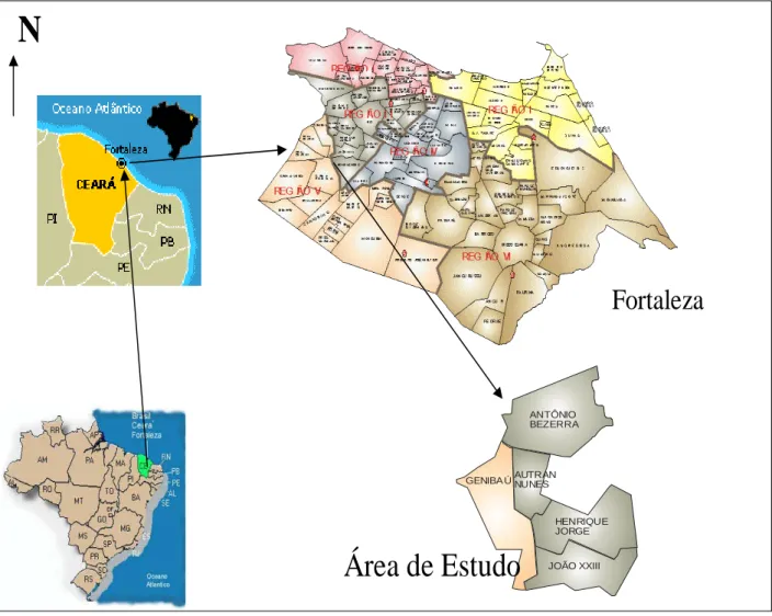 Figura 1 – Localização da Área de Estudo: Brasil – Ceará – Fortaleza – Bairros 