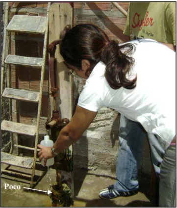 Figura  3.2.2  -  Coleta  de  água  no  poço  tubular  com  bomba  manual  (P134),  localizado  no  Bairro São Gerardo, Fortaleza