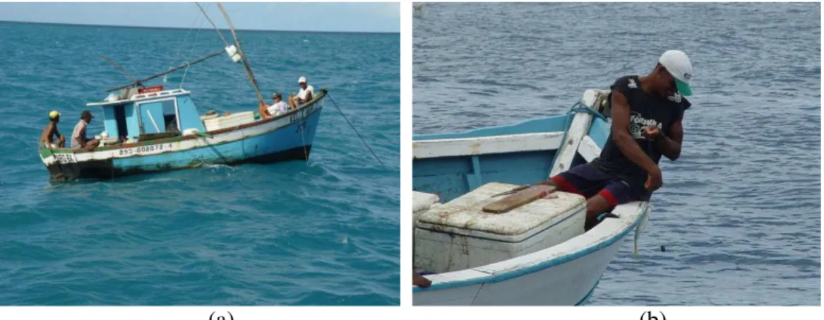 Figura  6:  (a)  Embarcação  motorizada  engajada  na  pesca  de  linha  de  mão.  (b)  Pescador  na  proa  da  embarcação capturando lutjanídeos em área recifal do Sul da Bahia 