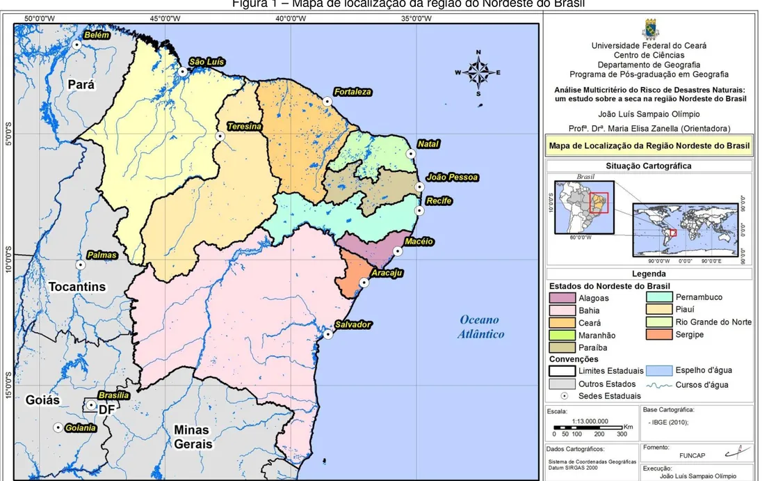 Figura 1  –  Mapa de localização da região do Nordeste do Brasil 