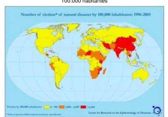 Figura 14  –  Número de atingidos por desastres naturais entre 1996 a 2005, por  100.000 habitantes  