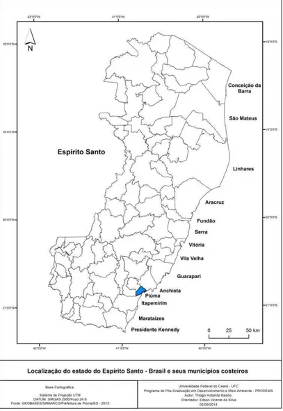 Figura 9 - Estado do Espírito Santo, na região sudeste do Brasil e seus municípios costeiros com  destaque para Piúma em cor azul