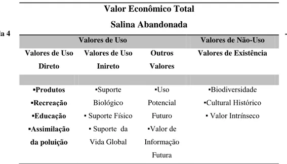 Tabela 3- Classificação do Valor Econômico Total em Salinas abandonadas (adaptado de Crisman, 2009)