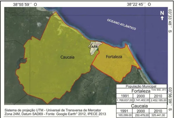 Figura 5 - Localização do rio Ceará na divisa municipal entre Fortaleza e Caucaia e dados populacionais  dos municípios.