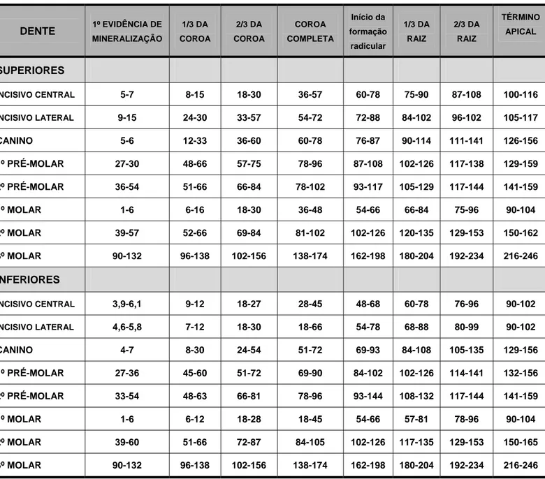 Tabela 3 - Cronologia da mineralização de dentes permanentes entre brasileiros.  DENTE  1º EVIDÊNCIA DE  MINERALIZAÇÃO  1/3 DA  COROA  2/3 DA  COROA  COROA  COMPLETA  Início da  formação  radicular  1/3 DA RAIZ  2/3 DA RAIZ  TÉRMINO APICAL  SUPERIORES  INC