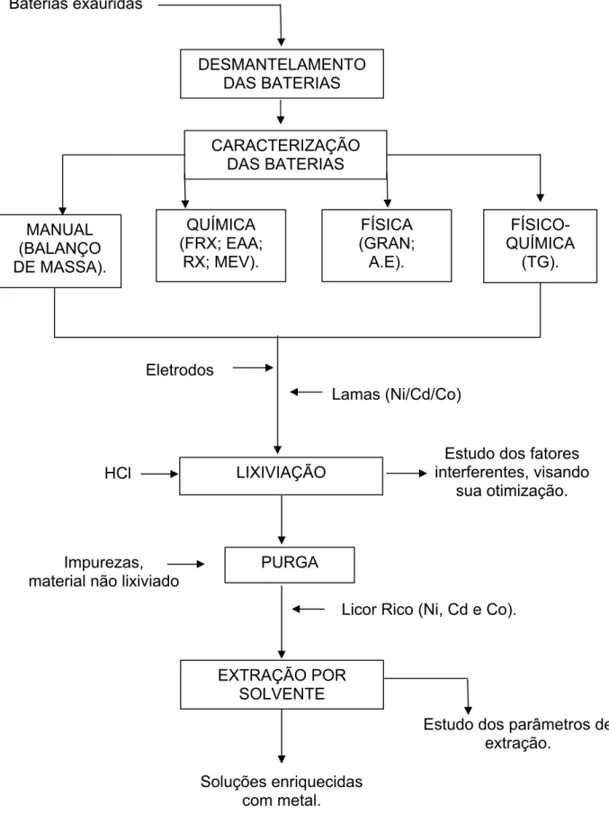 Figura 4.1: Fluxograma das atividades e dos ensaios adotados no desenvolvimento  do processo proposto para a reciclagem de baterias Ni-Cd