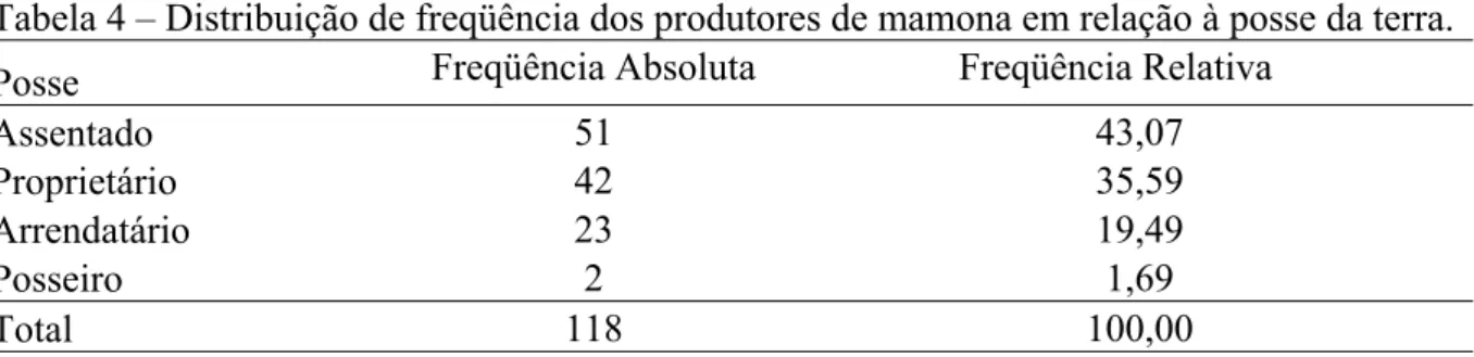 Tabela 4 – Distribuição de freqüência dos produtores de mamona em relação à posse da terra