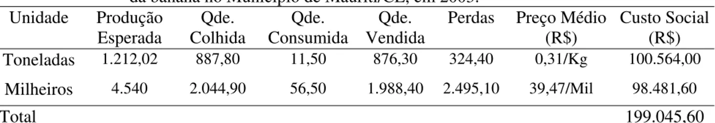 Tabela 01 – Produção esperada, quantidade colhida, quantidade consumida, quantidade  vendida, perdas, preço médio e custo social das perdas no processo produtivo  da banana no Município de Mauriti/CE, em 2003