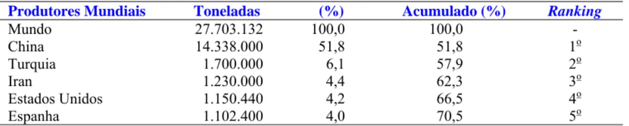 TABELA 4 - Maiores produtores mundiais de melão, segundo a quantidade produzida (t) em 2004