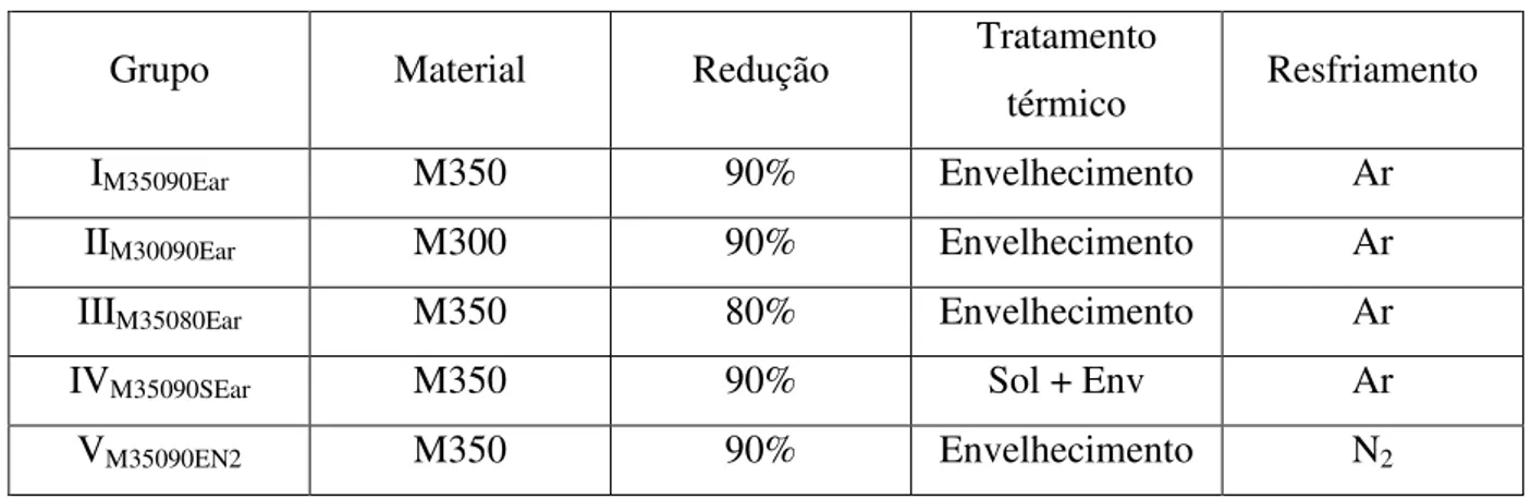 TABELA 05 – Características dos cinco grupos de amostras em estudo. 