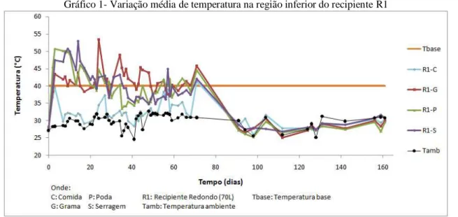 Gráfico 1- Variação média de temperatura na região inferior do recipiente R1 