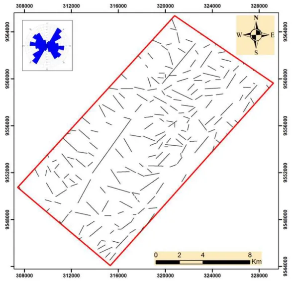 Figura 8: Lineamentos extraídos dos produtos de sensoriamento remoto (SRTM-Topodata e Landsat 7 ETM+)