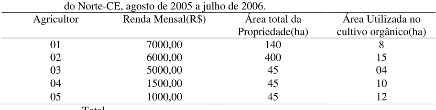 Tabela 04 – Relação entre a renda,  área total da propriedade  e área utilizada para o  cultivo de  hortaliças orgânicas dos agricultores orgânicos associados à ADAO em Guaraciaba  do Norte-CE, agosto de 2005 a julho de 2006