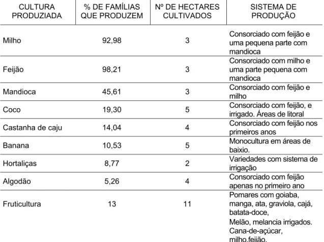 TABELA 6 - Hectares explorados por família e culturas  CULTURA  PRODUZIADA  % DE FAMÍLIAS  QUE PRODUZEM  Nº DE HECTARES CULTIVADOS  SISTEMA DE PRODUÇÃO 