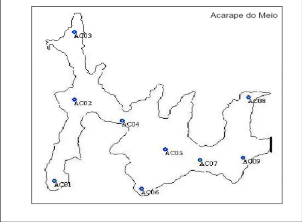 Figura 1 - Localização das coordenadas dos pontos de coleta do açude Acarape do Meio. Fonte: 