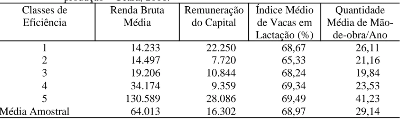 TABELA 3 – Classes de eficiência técnica e valores  médios das variáveis da fronteira de produção – Ceará, 2006