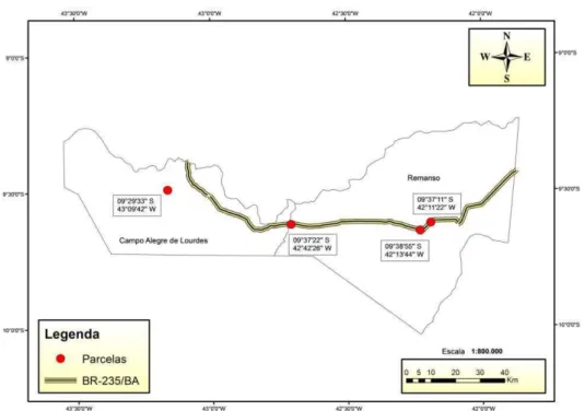 Figura 3: Localização das quatro parcelas em áreas não protegidas próximas ao trecho  da BR-235 que liga Remanso-BA a Campo Alegre de Lourdes-BA  (estrada II)